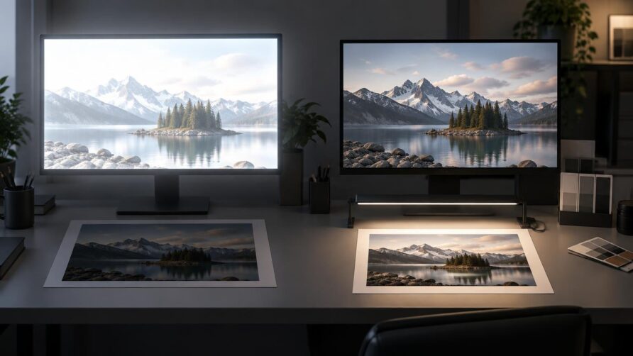 Wide editorial-style workspace showing two monitors with the same mountain-lake photograph above two paper prints; the left monitor is much brighter while the right-side print is illuminated by a desk light.