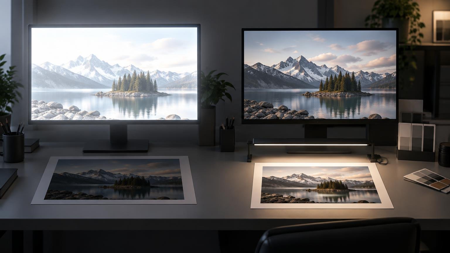 Wide editorial-style workspace showing two monitors with the same mountain-lake photograph above two paper prints; the left monitor is much brighter while the right-side print is illuminated by a desk light.