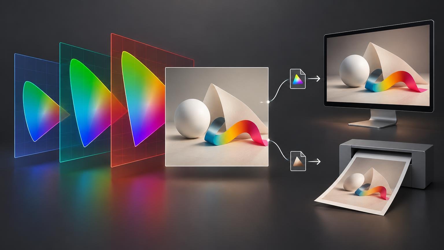 Editorial color-workflow illustration showing three overlapping rainbow-gamut panels leading to an artwork preview, with separate paths to a monitor and a desktop printer.