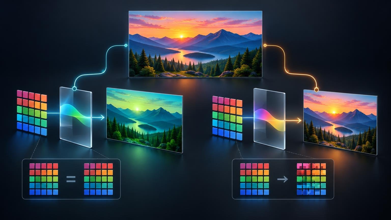Wide dark-background technical illustration showing a mountain sunset image branching into two color-workflow diagrams, with glowing color-swatch grids, translucent profile panels, arrows, and before-and-after image states.