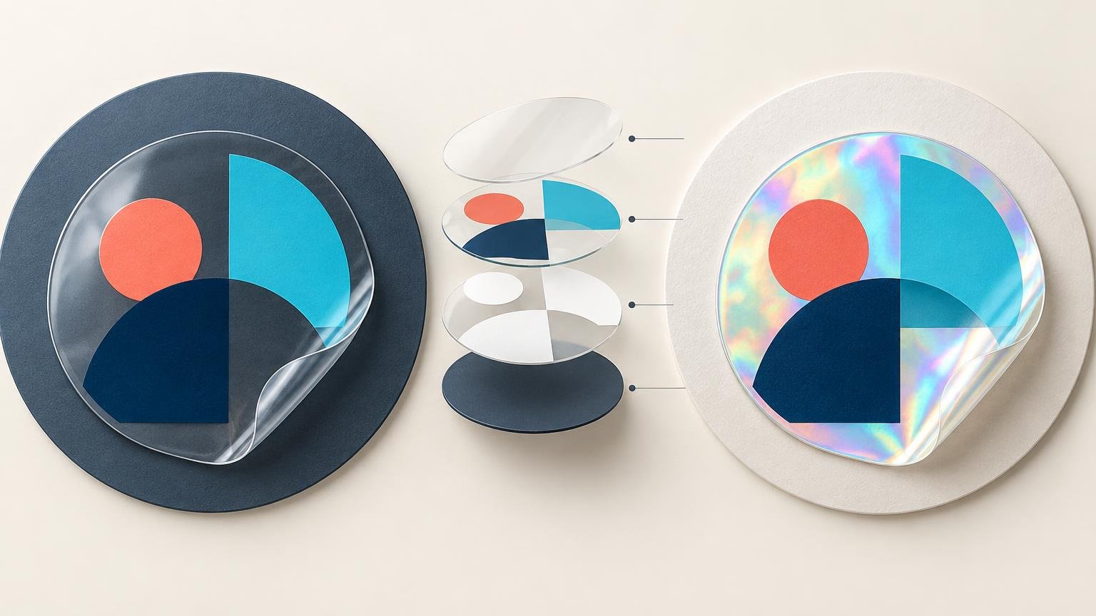 Horizontal technical illustration comparing a clear sticker on a dark circular surface at left with a holographic sticker on a light circular surface at right. Both show the same abstract coral, cyan, and navy shapes, with curled transparent corners; an exploded stack of translucent and printed layers appears between them.