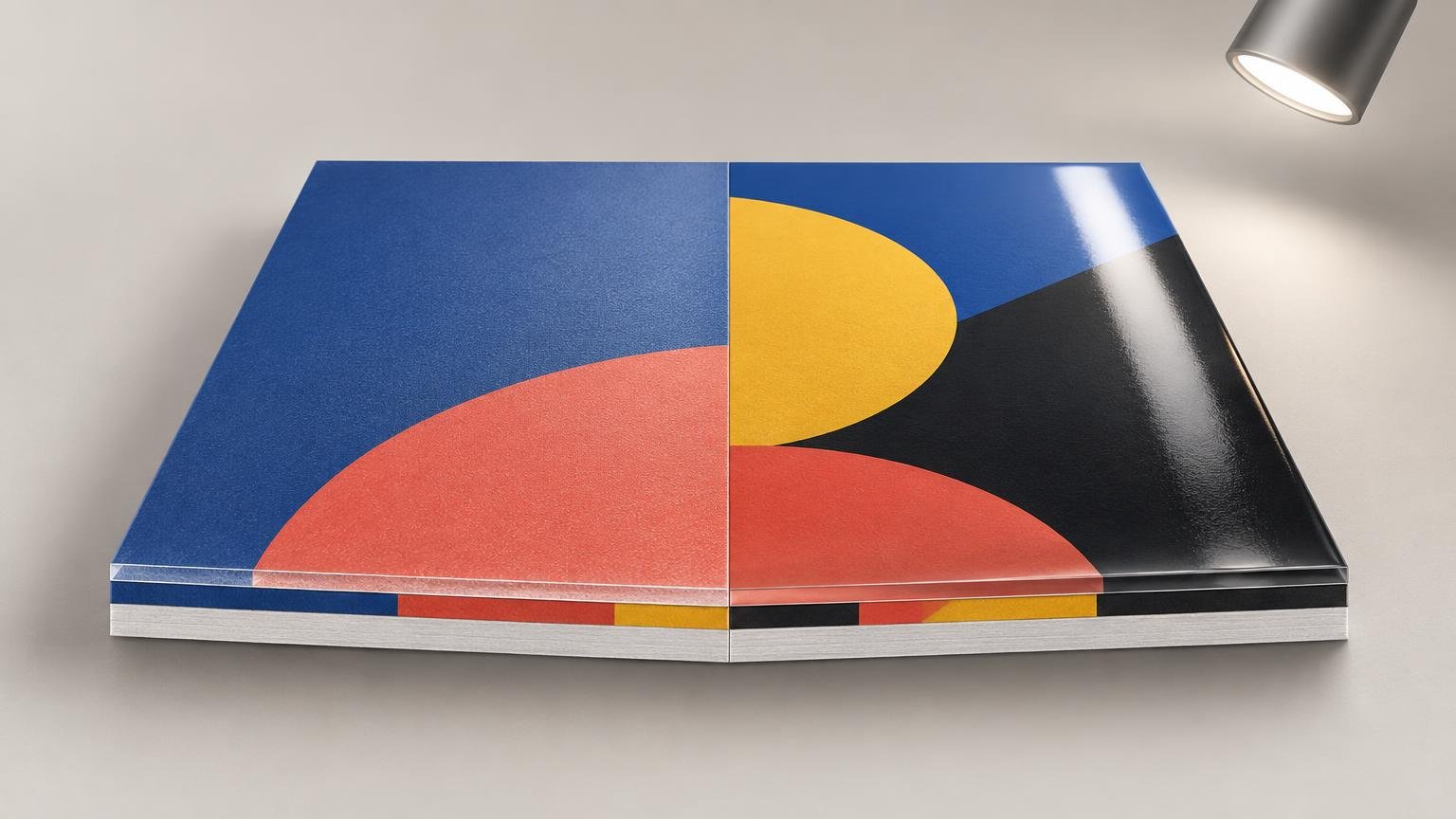 Side-by-side printed sample board under a spotlight: the left half has a diffuse matte blue and coral surface, while the right half has glossy blue, yellow, coral, and black shapes with a bright reflected highlight; layered edges are visible along the front.