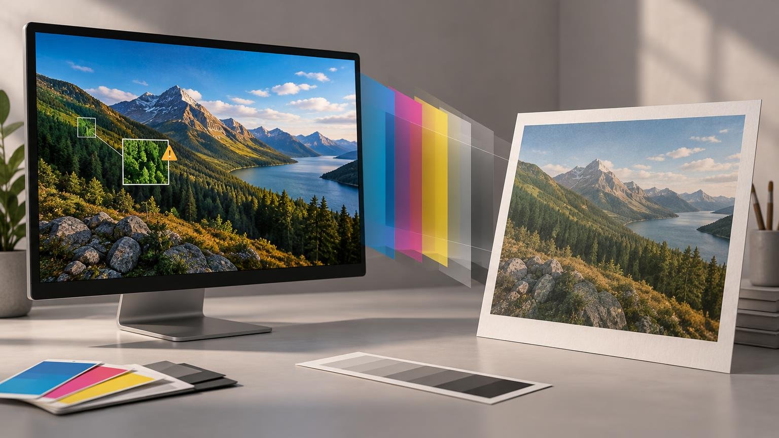 Horizontal editorial illustration of a desktop monitor showing a vivid mountain lake landscape beside a warmer, muted print of the same scene, with translucent cyan, magenta, yellow, and gray color layers between them. Color swatches and a grayscale strip rest on the desk.