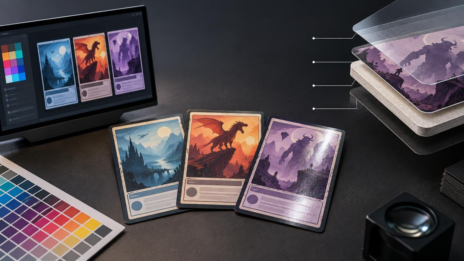 Editorial illustration of three fantasy-style trading cards beside a computer monitor showing card artwork and a color palette, with a printed color swatch sheet and a magnifier on a dark desk. At right, an exploded cross-section depicts layered card material and a translucent top coating.