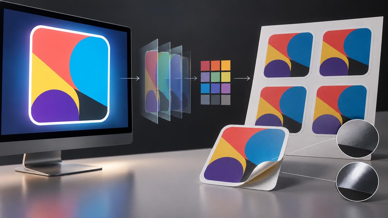 Horizontal technical editorial illustration showing a glowing computer display with an abstract multicolor sticker design, transparent color-layer sheets and a small color-swatch grid in the center, and a printed sheet of four matching stickers beside a peeled sticker with matte and glossy finish detail callouts.