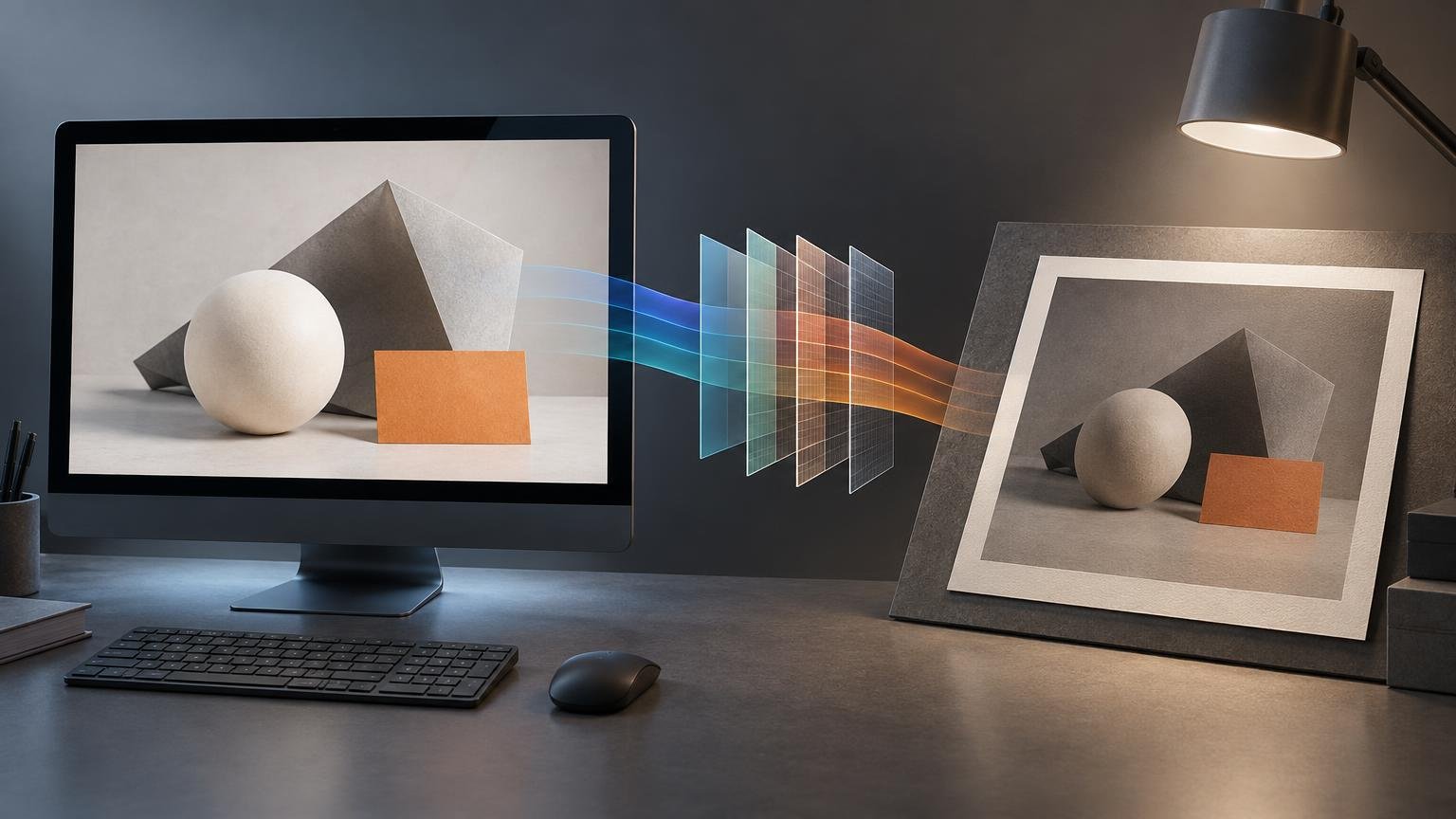 Editorial illustration of a desktop monitor displaying geometric shapes, colored translucent workflow panels between the screen and a framed print, and a desk lamp illuminating the print.
